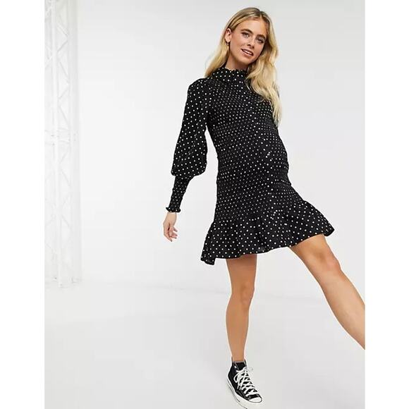 ASOS Design Black Polka Dot Cotton Maternity Shirred Button-Down Dress US 6 - Picture 15 of 15